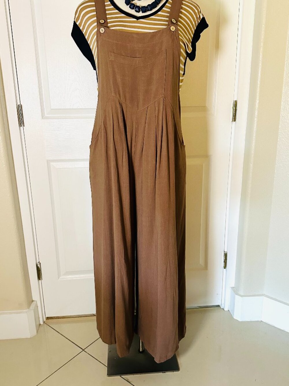 NWT Anrabess Brown Wide Leg Linen Blend Overalls Jumpsuit - Small